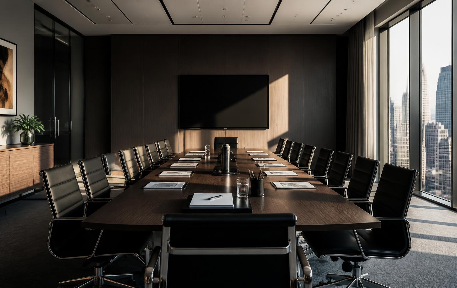 Quiet executive boardroom in controlled natural light